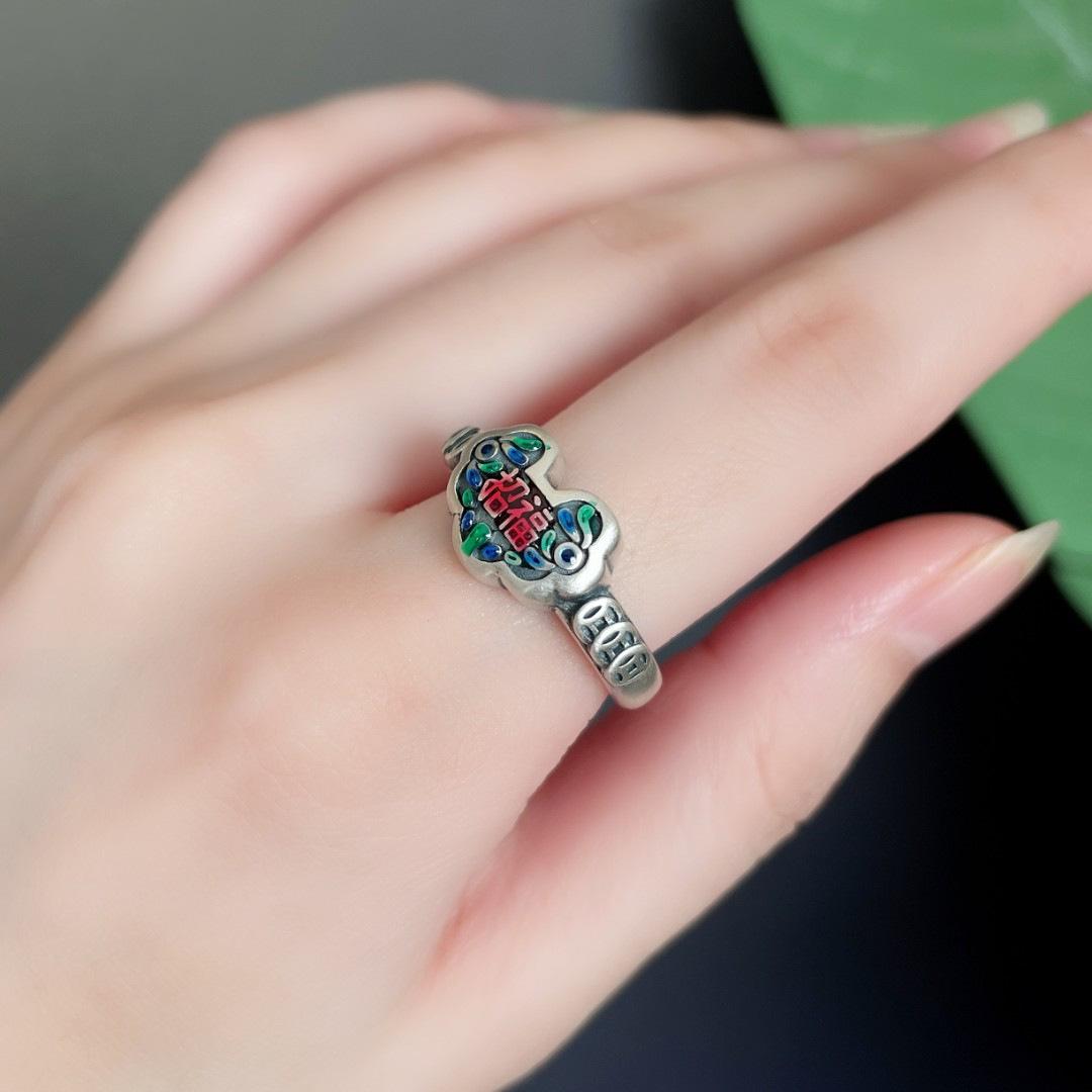 Retro Pure Silver S925 Enamel Lucky Lock Adjustable Ring