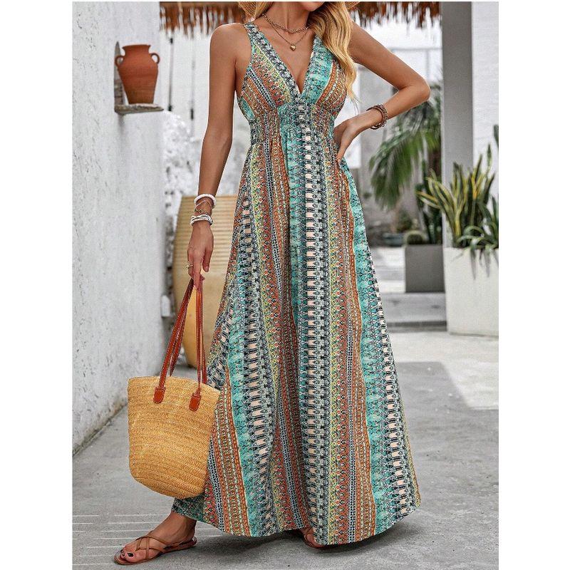 Cross-Border Foreign Trade European and American Women's Clothing 2025 Summer Fashion Sexy Deep V-neck Sleeveless Open Back Beach Vacation Style Dress