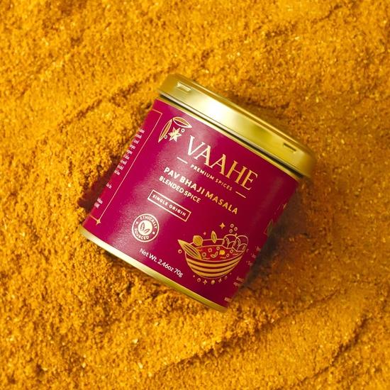 VAAHE Premium Pav Bhaji Masala | 17+ Natural Spices | Freshly Ground and Packed | 100% Pure and Natural | Single Origin | Premium Tin Box (70 Gm)