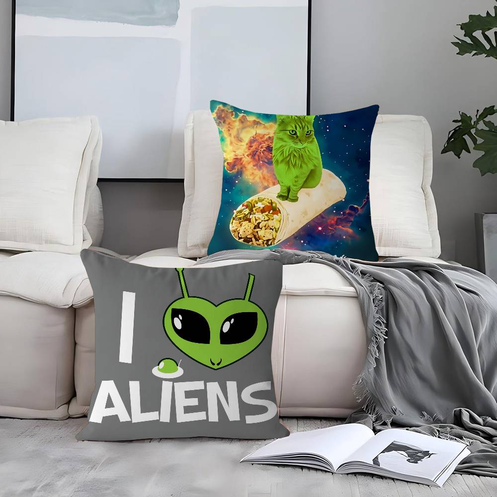 Cute Funny Green Alien Cat Pillow Cover Design Cushion Cover Decor Holiday Decorati