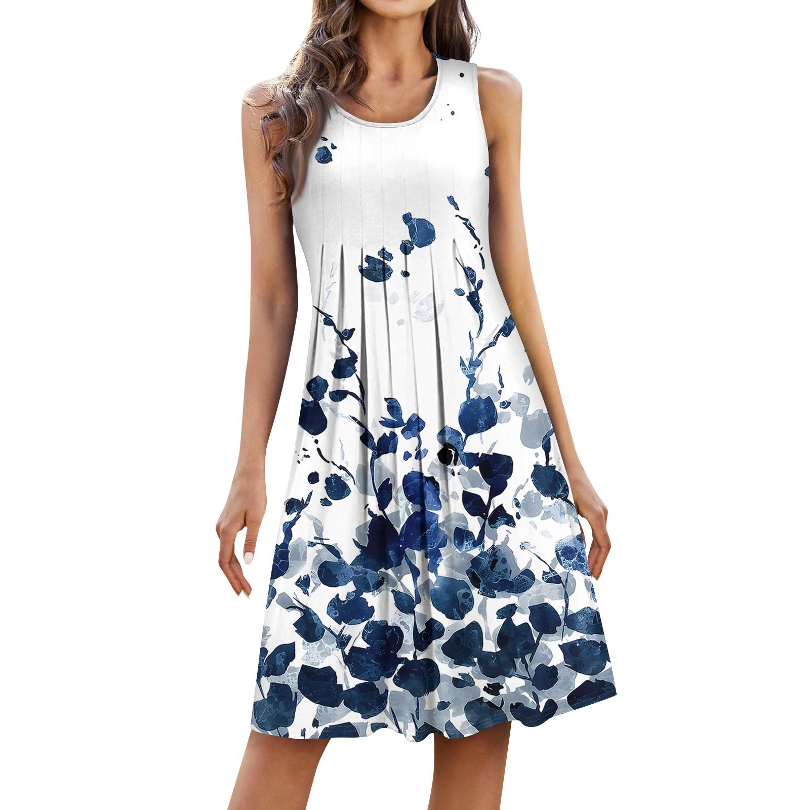 

Женская мода повседневное плиссированное платье с короткой юбкой без рукавов с круглым вырезом и принтом M