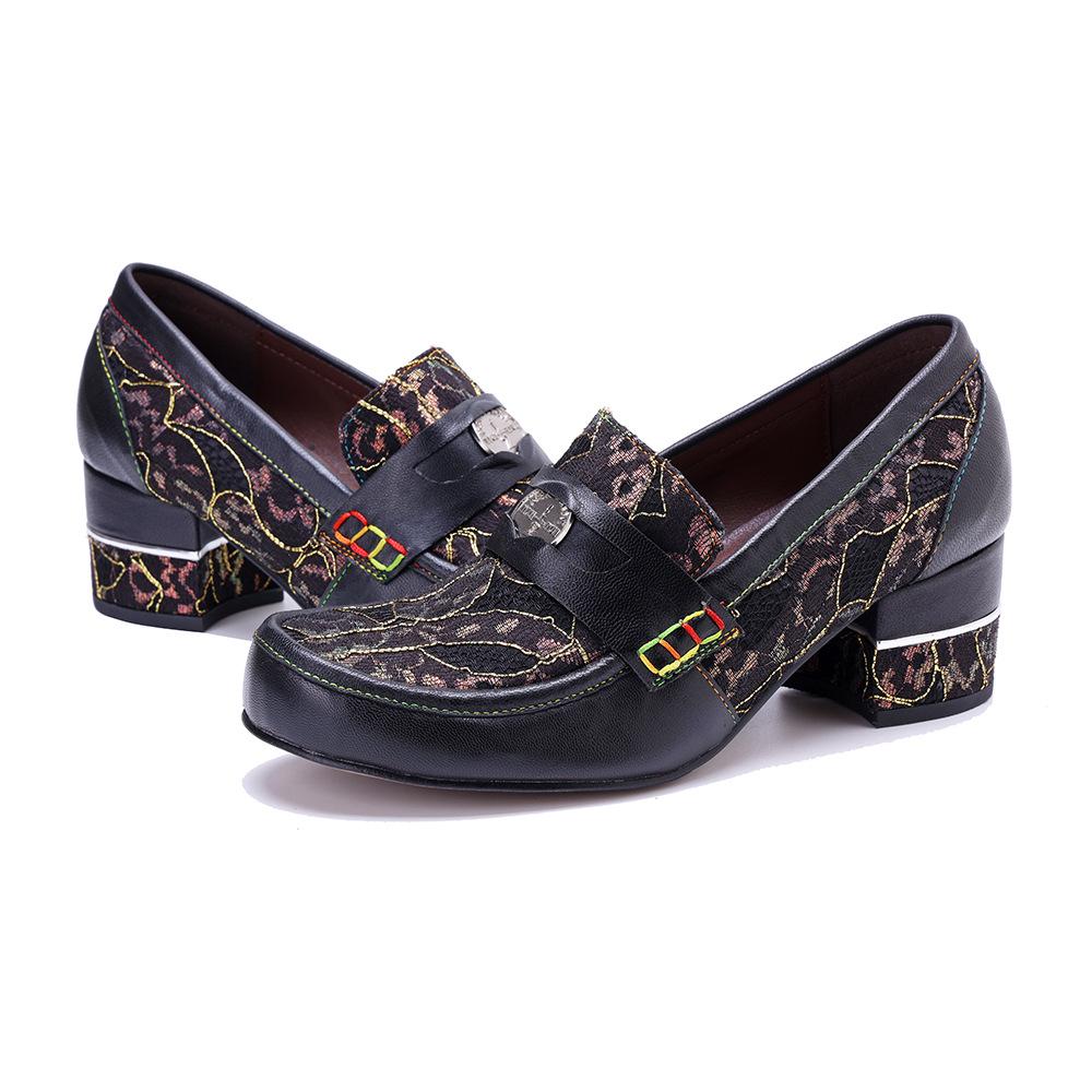 Johnature Ručně vyráběné lodičky z pravé kůže, retro prošívání, pohodlné mokasíny, silný podpatek, dámské boty