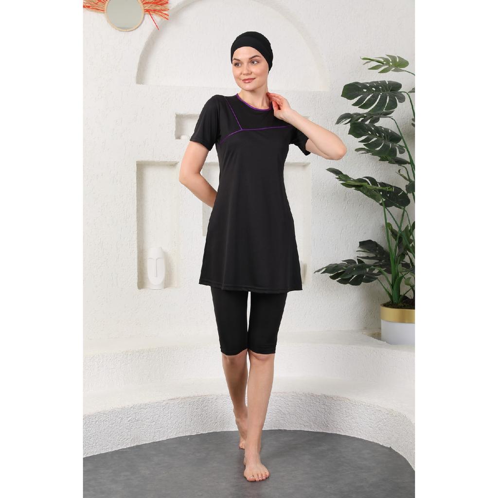 Lila gerippter halbgeschlossener Hijab-Badeanzug aus Lycra in Schwarz