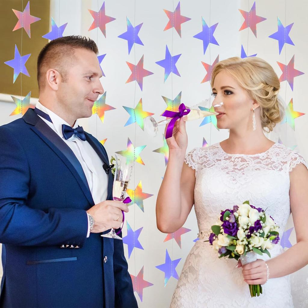 2 Pcs Star Garland Holographic Decor, Hanging Stars Decorations 6.56 Feet Star Streamers for Wedding Birthday Party Graduation Hanging Banner