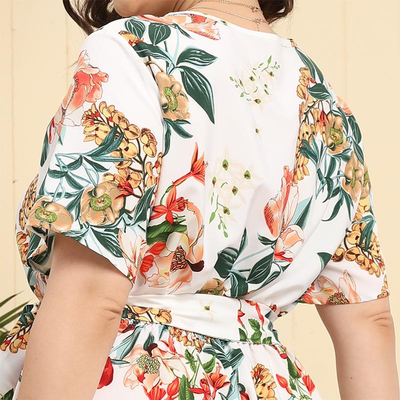 Summer Women's Dress Short Sleeve High Waist V-neck MIDI Dress Plus Size Temperament Printed Sexy Dress