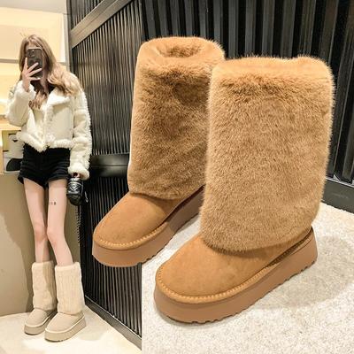 Pelz Plattform Mitte Wade Frauen Wildleder Winter Schnee Stiefel Wohnungen Warme Schuhe Frauen Casual Wanderstiefel Neue Gemütliche Chaussure Damen stiefel