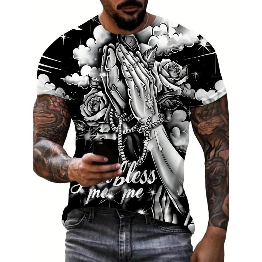 T-Shirt Men Novelty Red Rose 3D Printed Summer Crew Neck Short Sleeve Casual Graphic T Shirts Fashion Oversized Men's Clothing