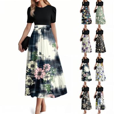 Women's Fashion Casual Belt Short Sleeve Round Neck Stitching Elegant Temperament Dress