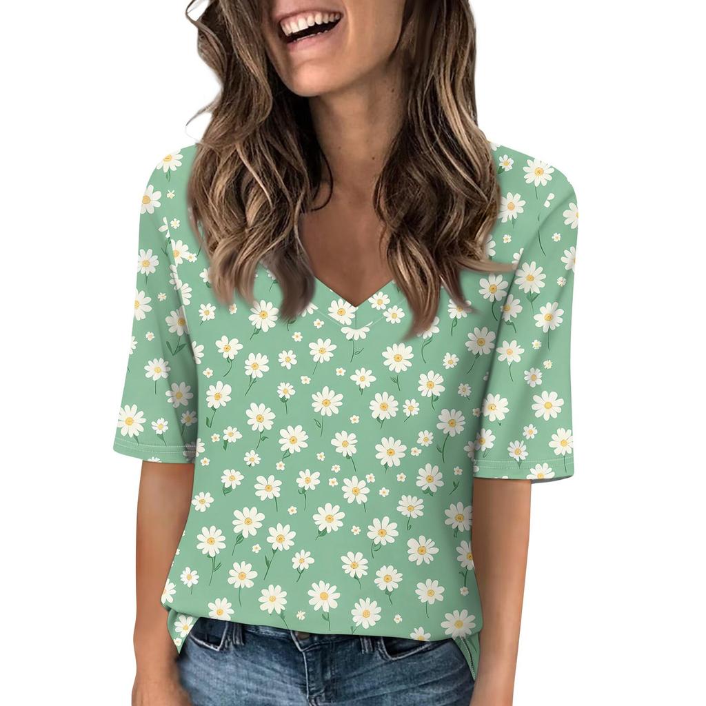 Shirts For Women Trendy V Neck T Shirts Casual Printed Blouse Half Sleeve Tops For Women