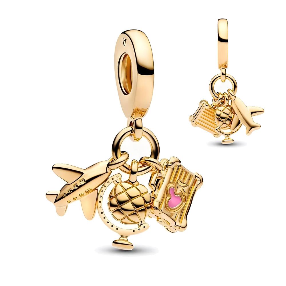 Gold Series Family Infinity & Airplane Globe Suitcase Triple Dangle Charm Fit Pan Bracelet DIY Women's Jewelry Gift