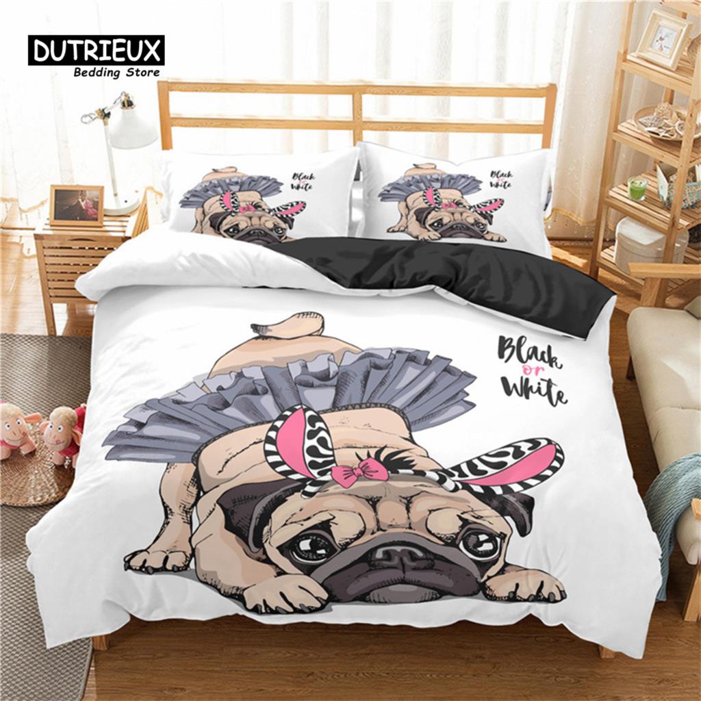 Modern Elegant Pug Pet Dog Polyester Funny Cartoon Animal Size For Kids Child Teens Decor Full King Comforter