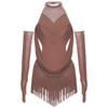 Dívčí latinskoamerický taneční outfit Nařasený síťovaný design Výřez Třásně Třpytivé kamínky Leotard s odpovídajícími rukavicemi