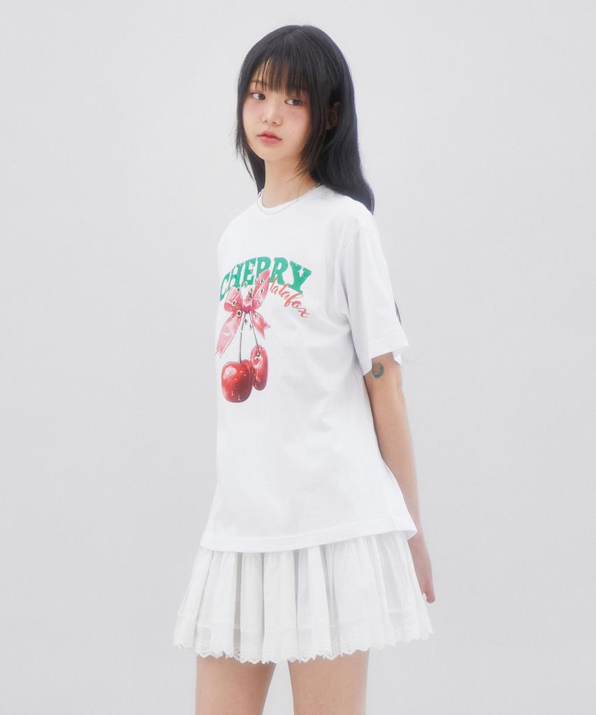 LALAFOX Cherry Heart T-Shirt Printed Short Sleeve T-Shirt White Br2Ch014