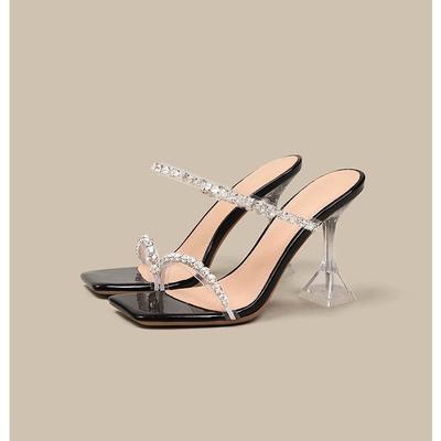 Strass transparenter Gürtel Ein-Wort-Slipper Damen Sommer neu Koreanische Version Temperament High Heels Damen Kopf vielseitige Mode Sandalen