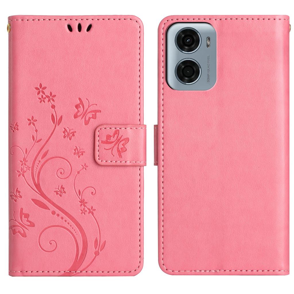 Skórzane etui portfelowe dla Motorola Moto G05 4G z nadrukiem motyla i kwiatów, pokrowiec na telefon ze smyczą