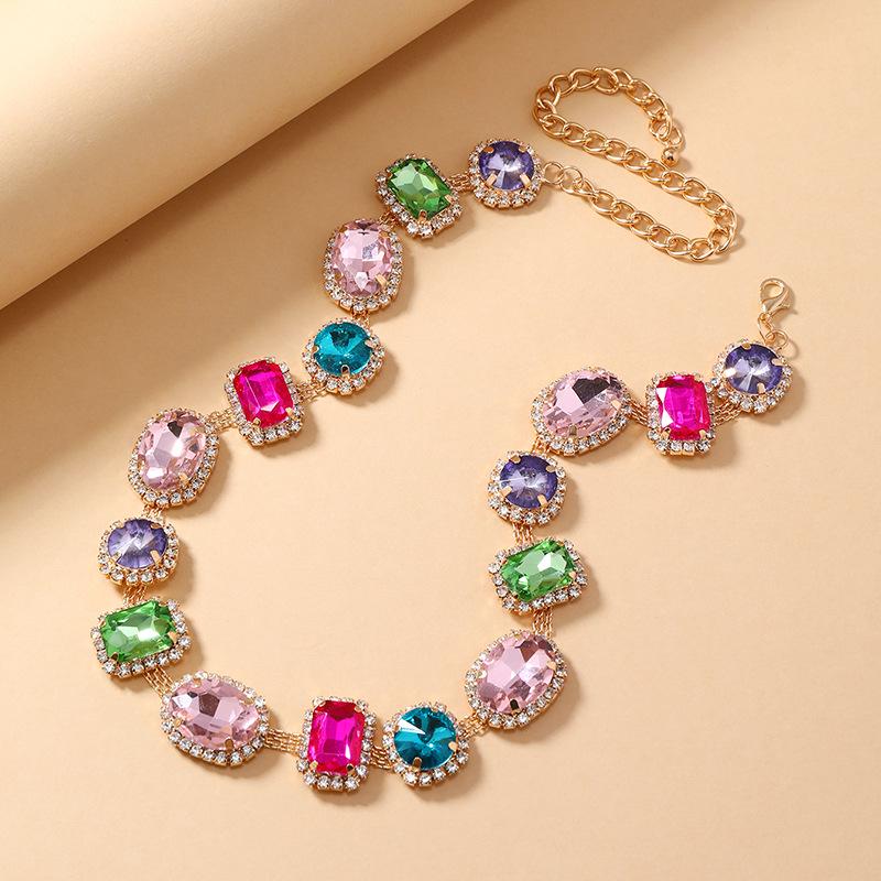 Retro Ingelegde Gekleurde Diamant Sleutelbeen Ketting - Damesmode, Uniek Ontwerp