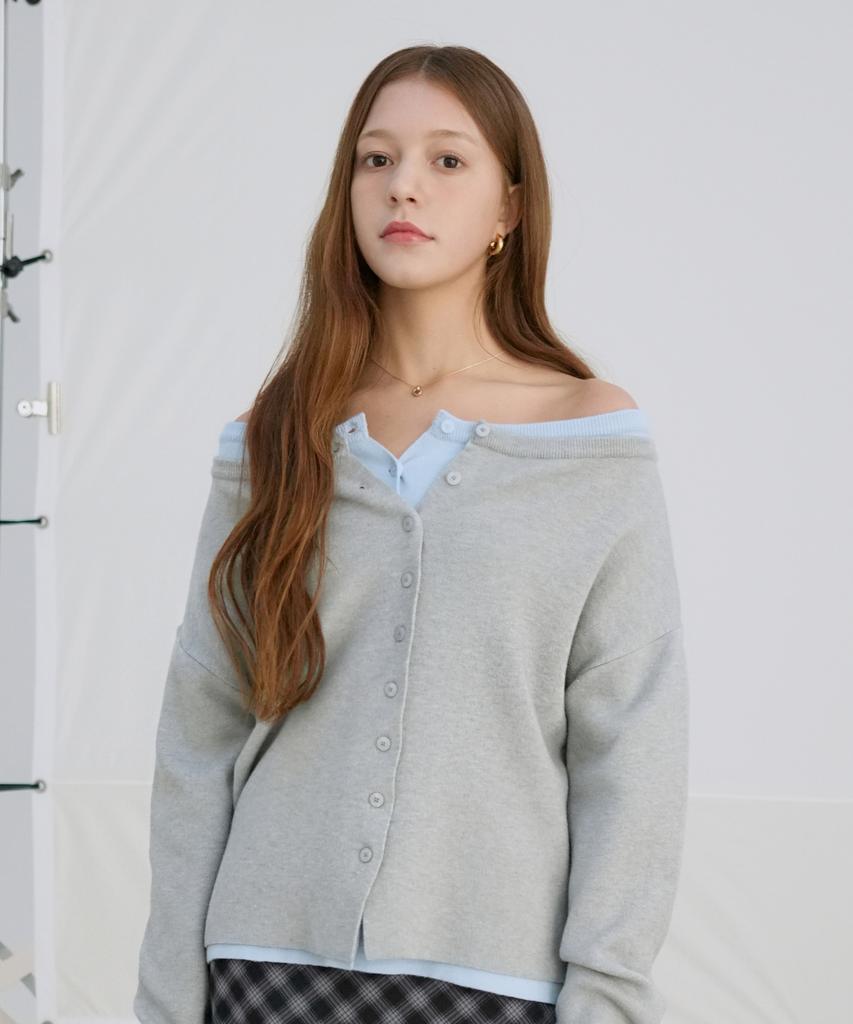 VLETI Two-Way Off-Shoulder Basic Cardigan (Gray)
