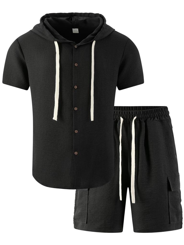 Men's Summer Casual Loose Hooded Short Sleeve Shirt and Workwear Shorts Set
