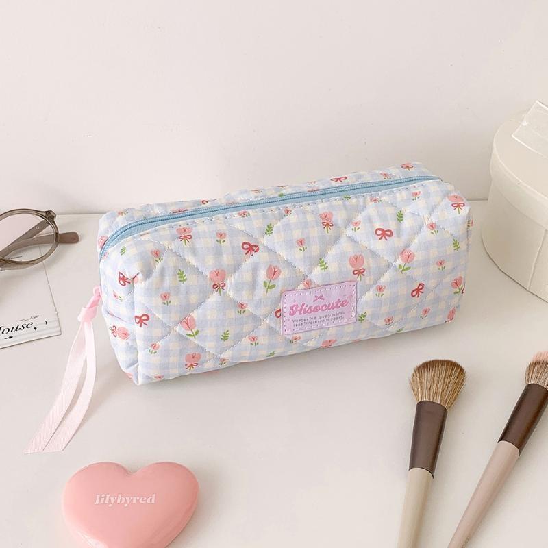 Cute Floral Quilted Pencil Case Multi Functional Soft Large Capacity Organizer for School Students Office Use