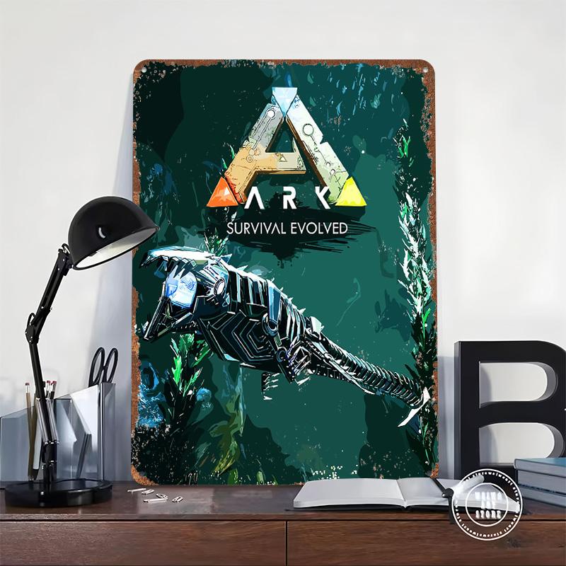 ARK Survival Evolved Spiel Blechschild Poster Personalisierte Wandkunst Retro Vintage Metallschilder für Man Cave Gamer Zimmer Dekoration