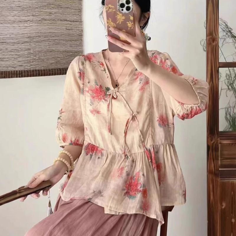 Johnature Spring Print Floral Shirts Women V-Neck Half Sleeve Tops Belt Loose Chinese Style Women Shirts