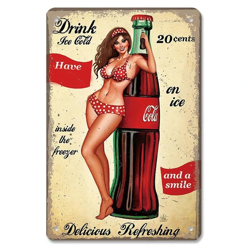 Cola Soft Drinks Poster Metal Tin Signs Vintage Girls Drink Cola Bottles Metal Plate Wall for Bar Pub Club Restaurant Decor