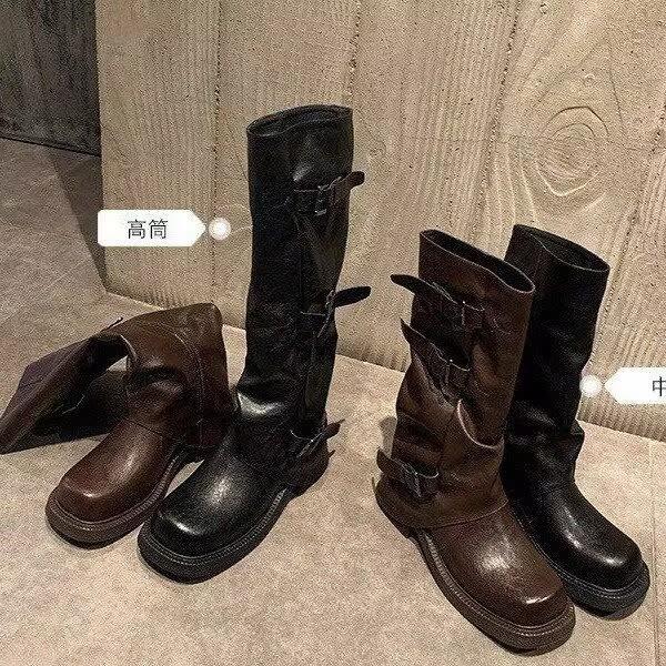 Cowhide version~ retro thick-soled pants boots women's 2025 new niche design boots pleated stacking boots boots boots