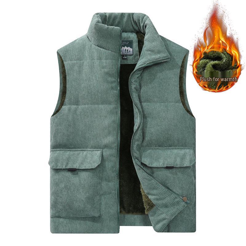 Men's Corduroy Fleece-Lined Multi-Pocket Cotton Vest - Casual, Sleeveless, Outdoor, Cold-Proof.