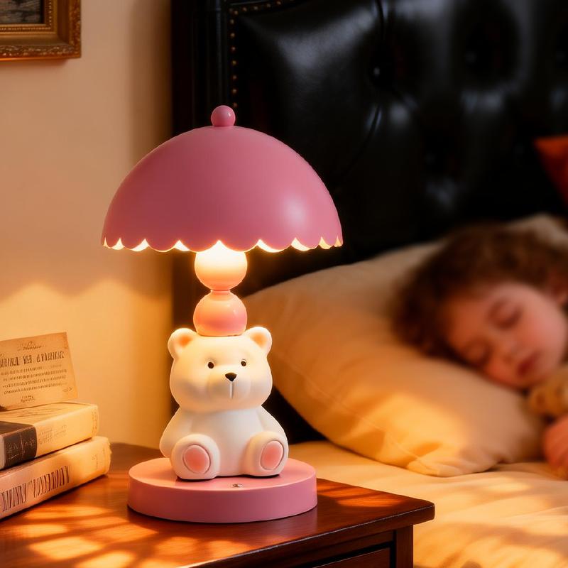 Cute Pink Bear Table Lamp Decorative Figurine for Bedroom Nightstand Kids Room Nursery and Living Room Home Lighting Decor