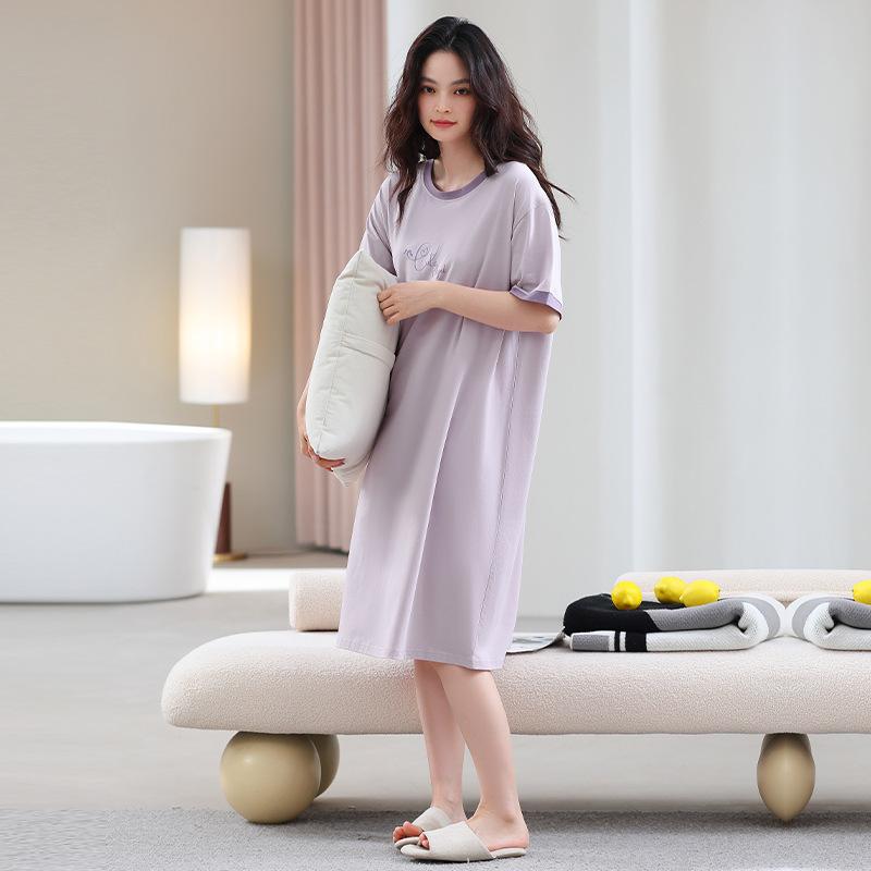Pure cotton short-sleeved women's nightgown summer loose round neck large size 100 cotton sweet and cute loungewear can be worn outside