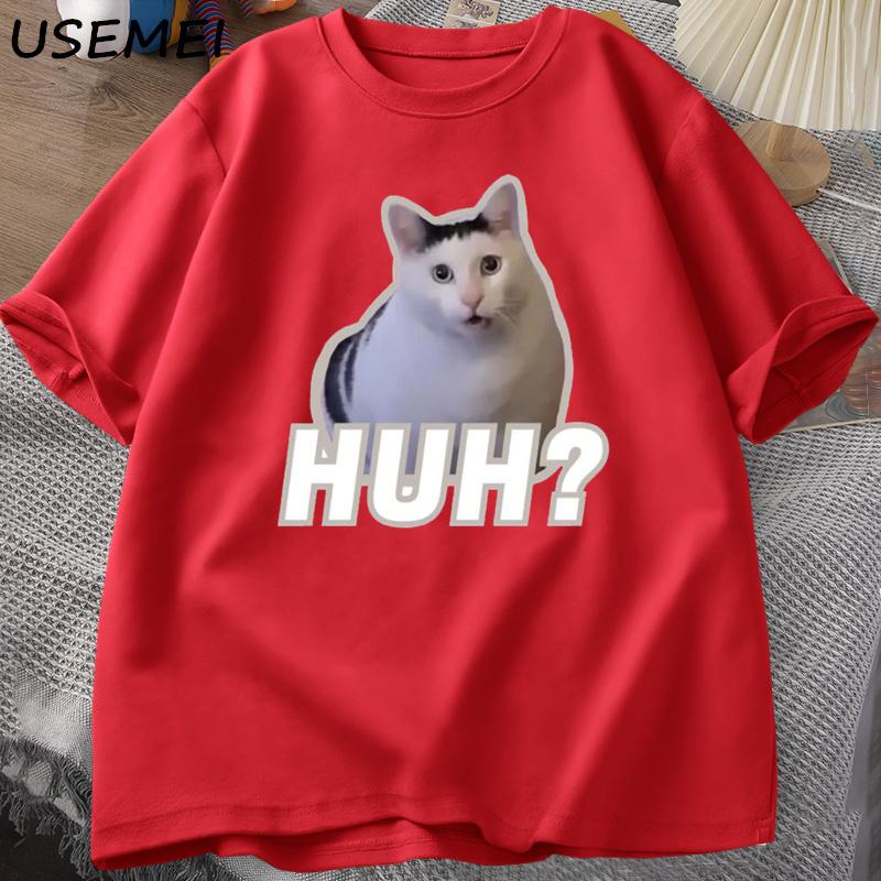 Huh Kedi Meme Tişört Komik Sevimli Kedi Grafikli Tişörtler Unisex Moda Tişört Yaz Çiftler Günlük Pamuk Bol Tişörtler Giyim