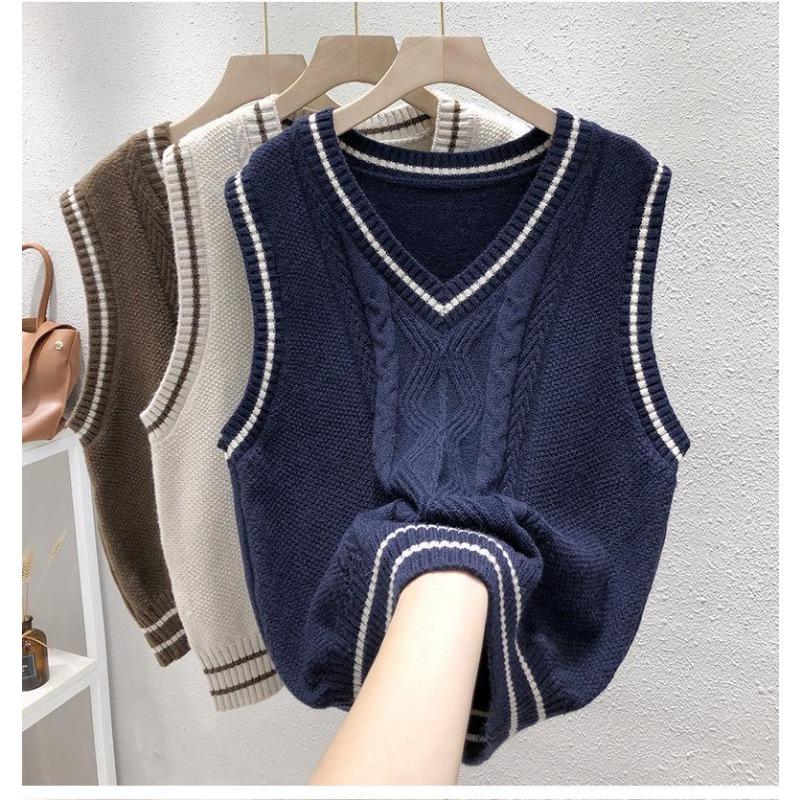 College Stil Gestrickte Weste für Frauen Lose In Herbst V-ausschnitt Fried Dough Twists Pullover Weste Mode
