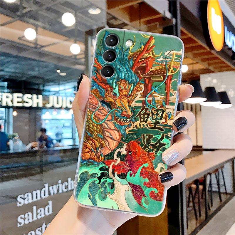 Zeichnung Drache Tiger Vögel Anime Klare Hülle für Samsung Galaxy S21 S20 FE S22 Ultra S10e S10 S9 Plus 5G Weiche Handyhülle Coque