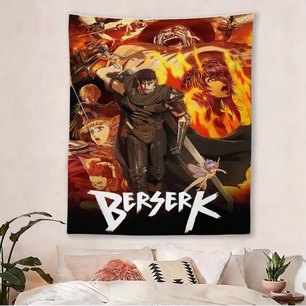 

Berserk Guts Flame Anime Tapestry Dark Fantasy Wall Hanging Polyester Decor for Bedroom Game Room 74x94cm(29x37in)