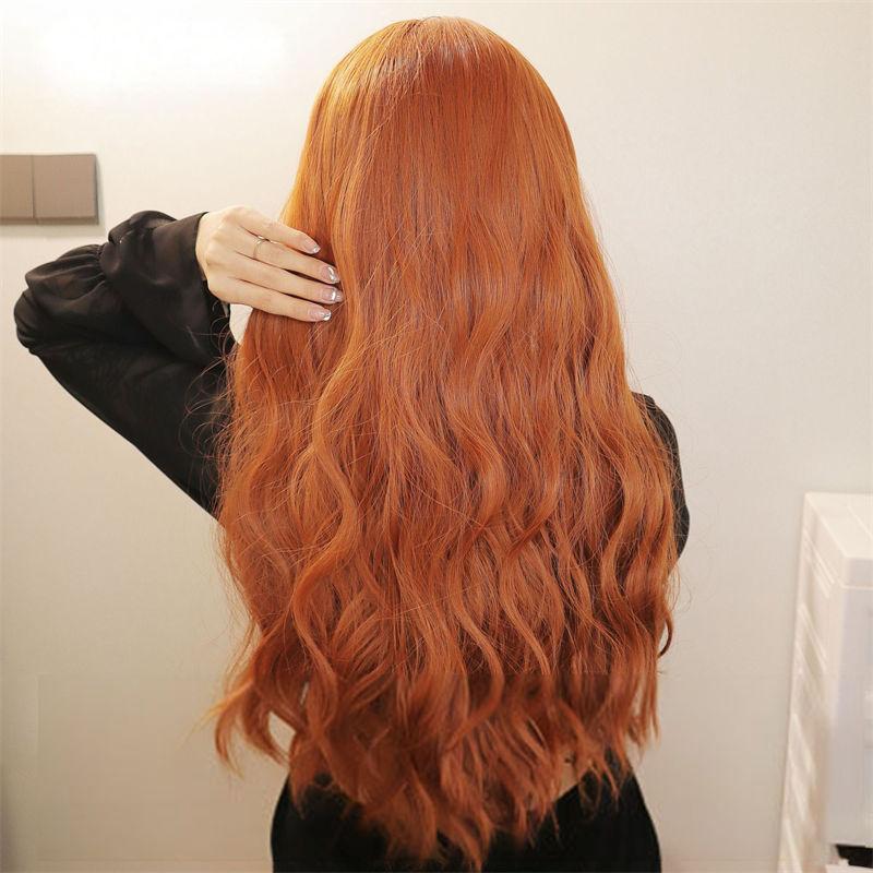Wig Water Ripple Natural Wig Long Hair Straight Bangs Women Head Cover Orange