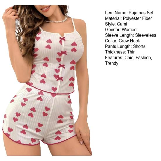 Damen Geripptes Cami Pyjama-Set Niedlicher Aufdruck Ärmelloses Crop-Top Und Shorts 2-teilige Nachtwäsche Sommer Weiches Pyjama-Lounge-Set