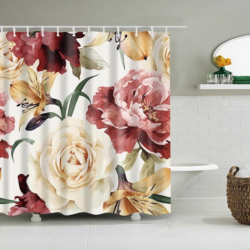 Watercolor Flower Shower Curtain, Vintage Plum Blossom Tropical Plant Green Leaf Bird Elegance, Bathroom Decor Set With Hooks