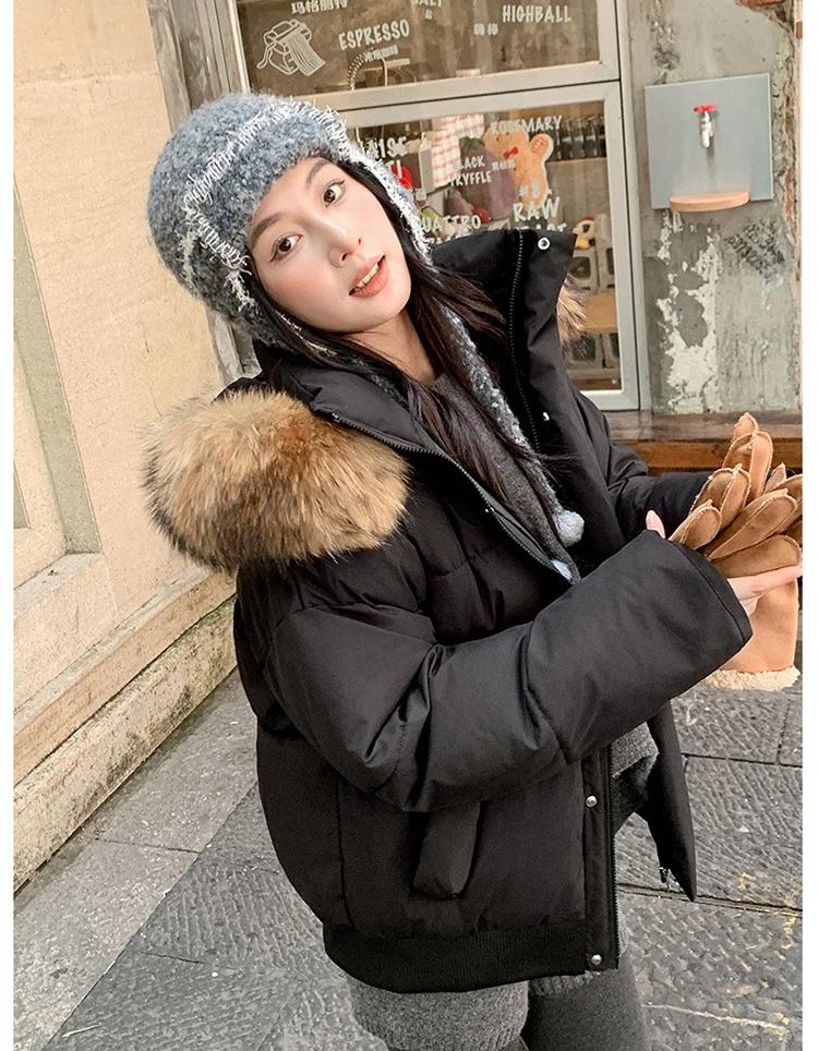 Dámská krátká bunda s velkou kožešinovou kapucí, větruodolná, zateplená, teplá zimní bunda s raglánovými rukávy