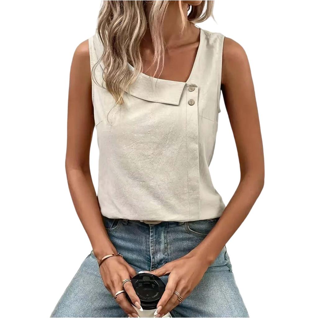 Women's Casual Fashion Sleeveless Button-Down Top Vest T-Shirt