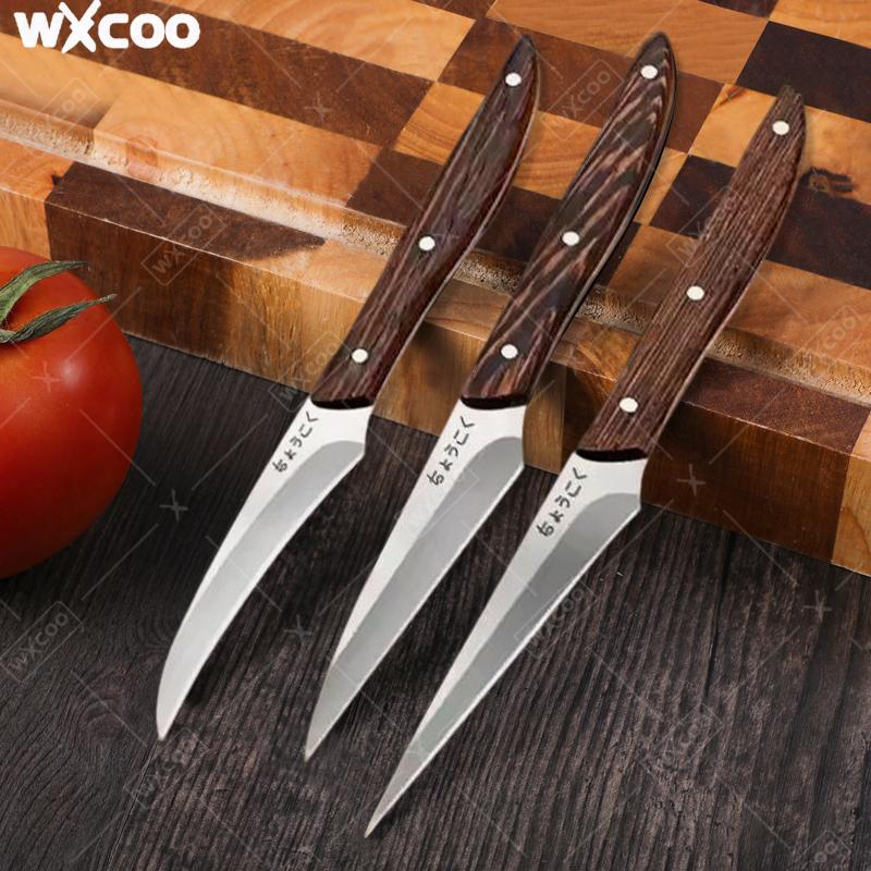 WXCOO 3pcs Stainless Steel Food Carving Knife Kitchen Fruit Peeling Utility Knife Professional Chefs Carving Knife Wood Handle