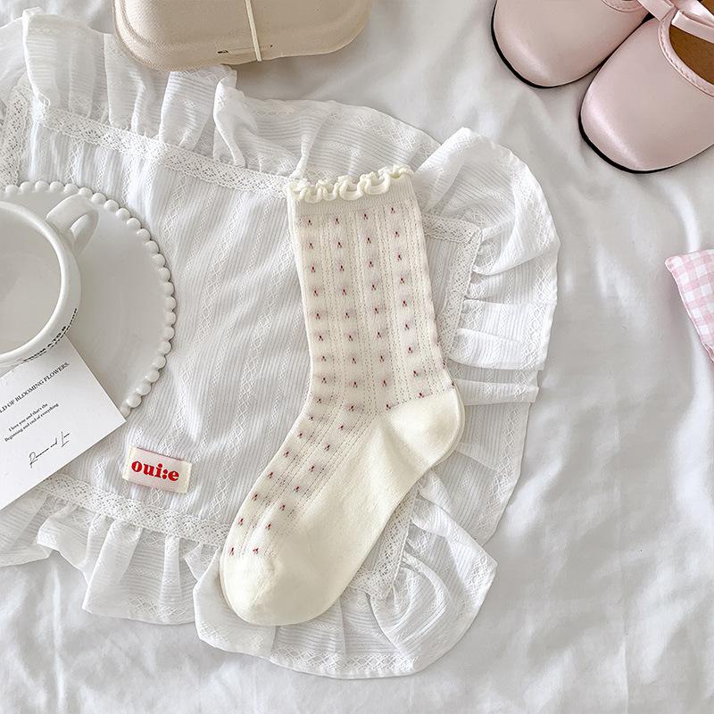 Female Spring and Summer Sweet with Small Broken Flowers and Wood Ear Mesh Breathable Boneless Tube Pile Socks