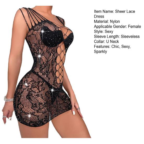 Women's Mesh Chemise Babydoll Mini Dress Sexy Sheer Lace Bodycon Dress Cutout Sparkly Rhinestone Fishnet Nightwear