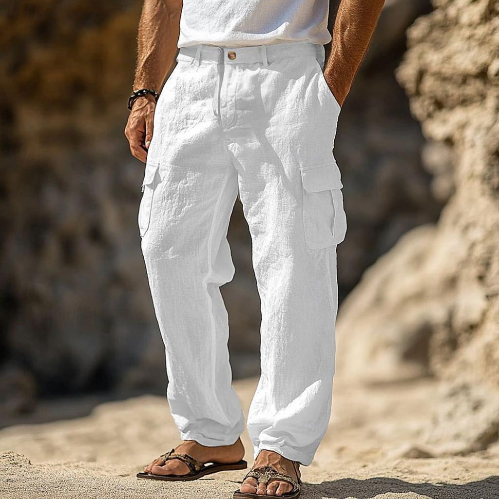 Herren Leinenhose Frühling Sommer Mehrere Taschen Gerades Bein Bequem Atmungsaktiv Outdoorhose Knopfleiste Hose