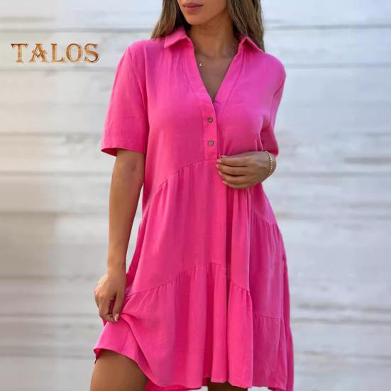 Rochie de vară pentru femei, cu guler în V, revere, plisată, petice la tiv, culoare uni, largă, linie A, cu fustă amplă, mâneci scurte, lungime midi până la genunchi