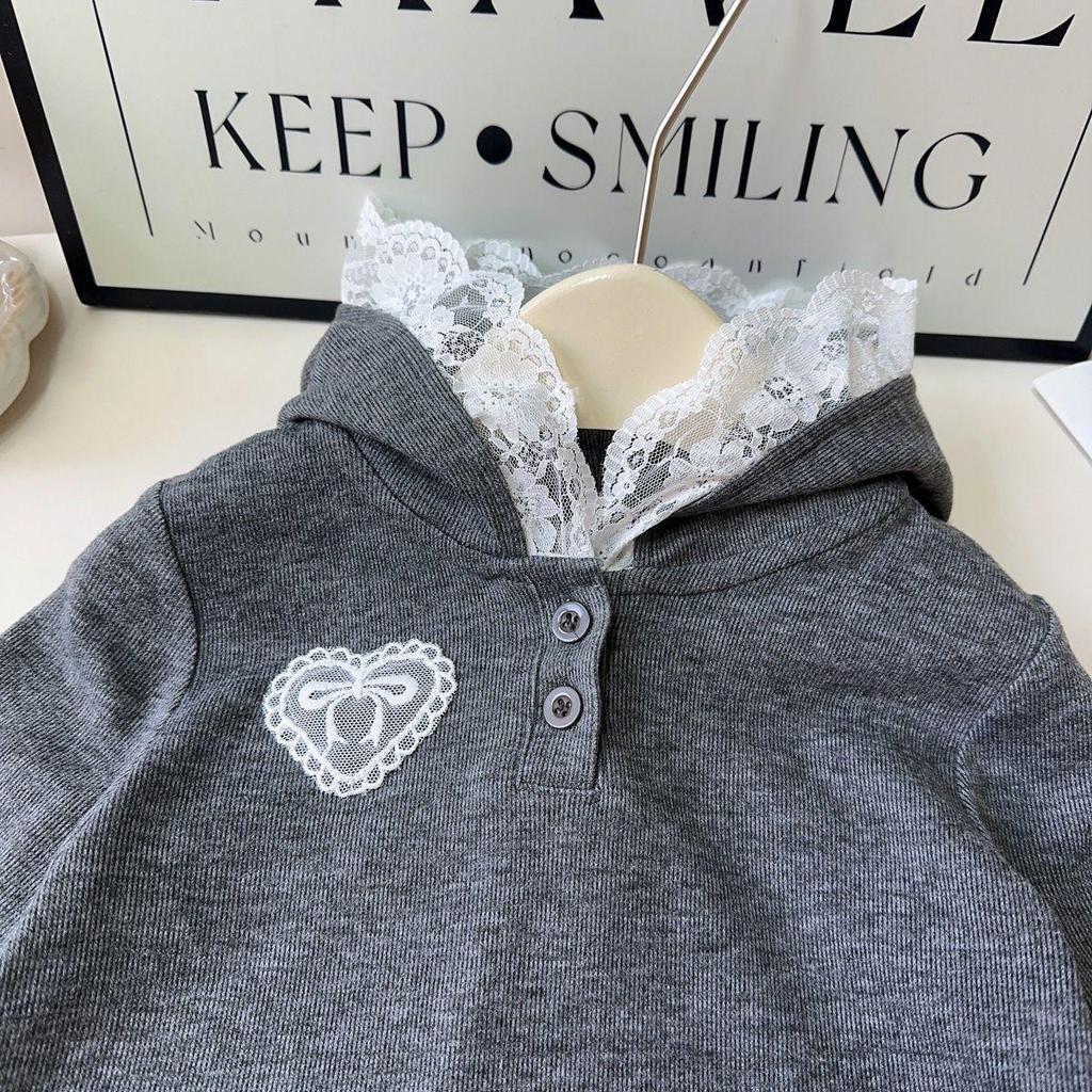 Spring Girls' Lace Hooded Sweatshirt & Skirt Set