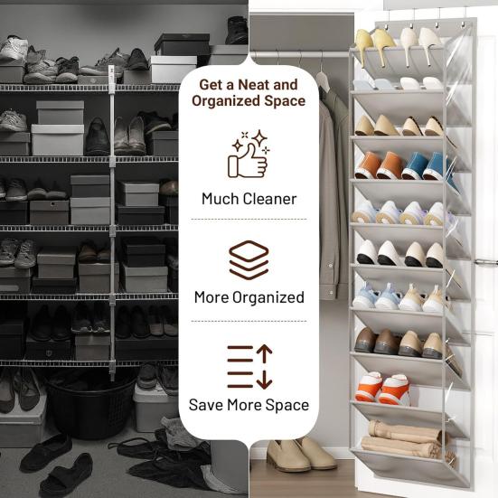 10 Tier Clear Over the Door Shoe Organizer 10 Large Deep Pockets Fit 20