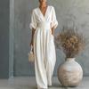 Spring New Women's Clothing, European and American Jumpsuits, Solid Color V-neck Slim-fitting Waist Wide-leg Pants