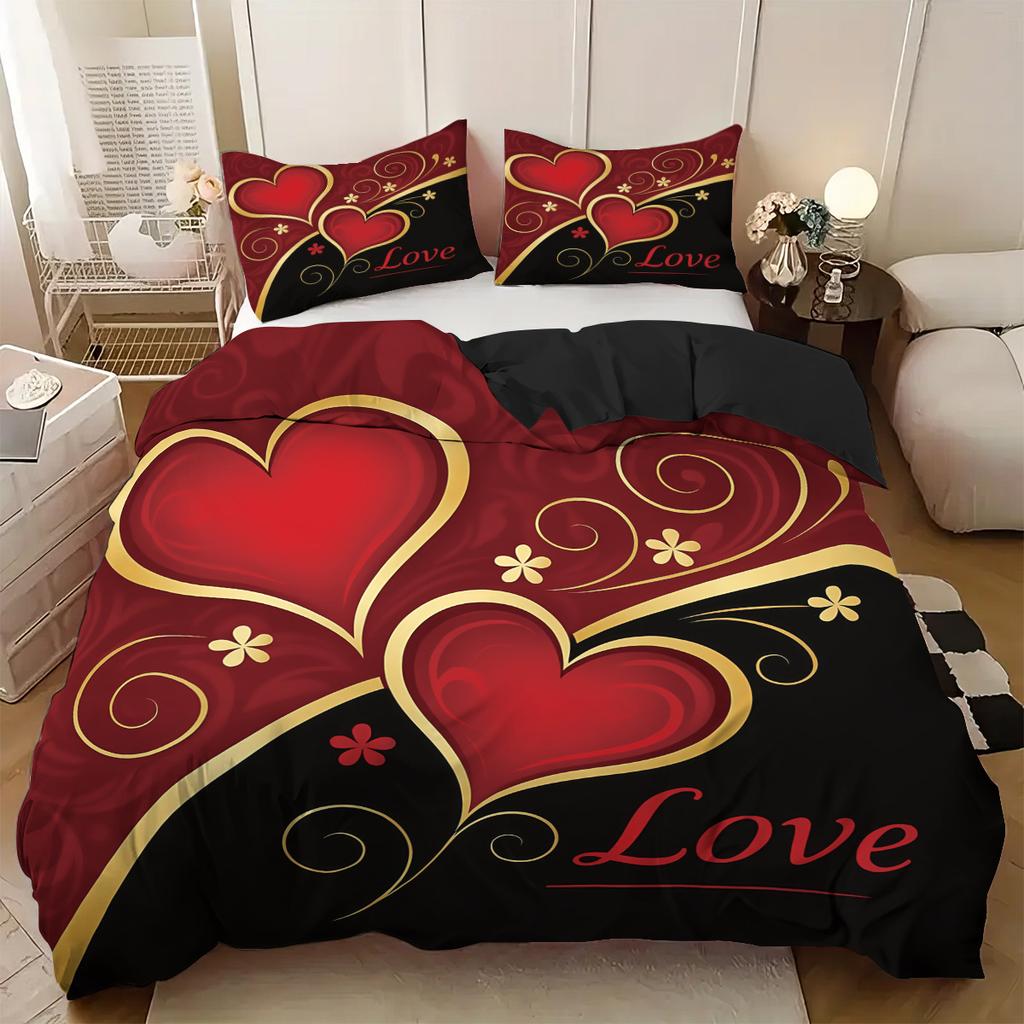 3pcs (1 Duvet Cover, 2 Pillowcases, Coreless), Black and Red Valentine's Day Heart, Love Design Printed Pattern Bedding Set