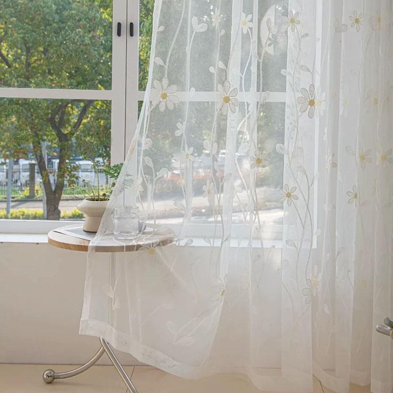 Korean Chamomile Embroidered Sheer Curtain White Elegant Transparent Window Screen Rod Pocket-Hook For Lving Room and Bedroom