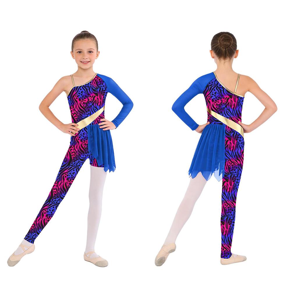 Kinderen Meisjes Grot Thema Danskostuum: Patchwork Bodysuit met Luipaardprint, Asymmetrisch Ontwerp voor Jungle Gymnastiek & Podium